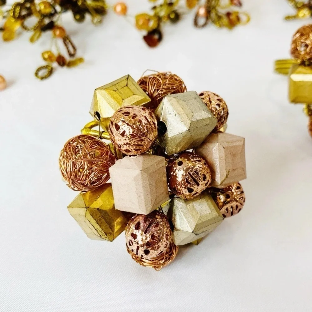 Set of 6 Pier 1 Beaded Floral Brown Gold Peach Napkin Rings